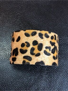 Leopard Print Faux Calfskin Fur Black Vegan Leather Wide Cuff Bracelet